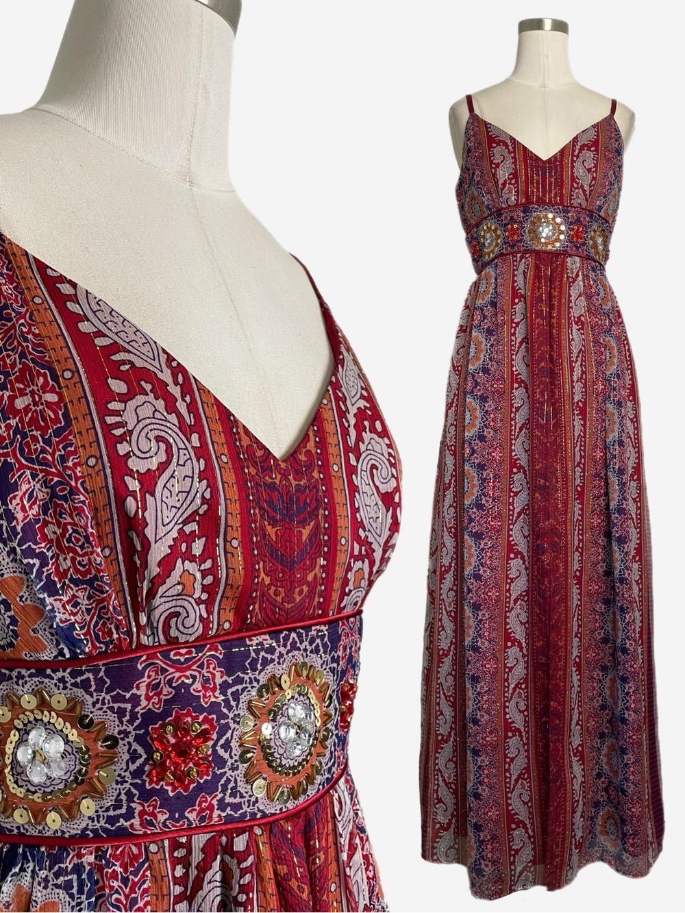 Vintage Y2K Spenser Jeremy red silk paisley floral sequin bead maxi dress boho S